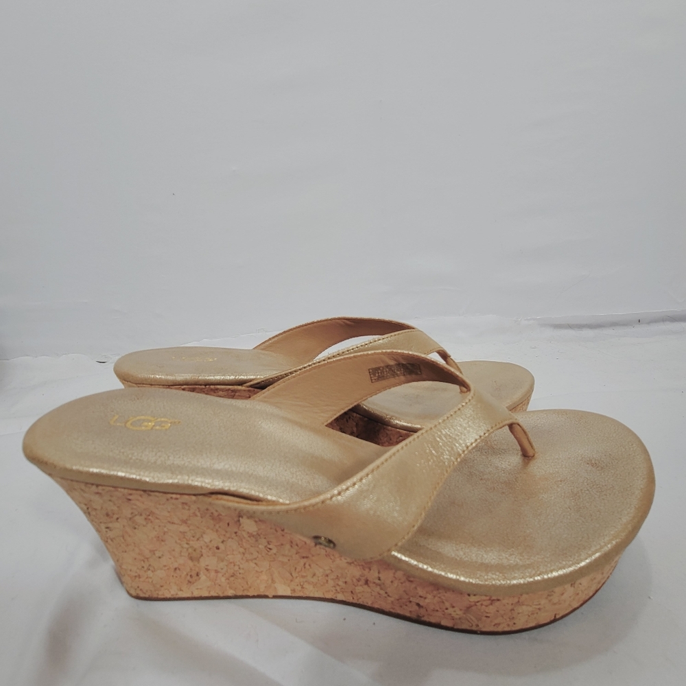 UGG Natassia Cork Thong Wedge Sandals Gold Sz 10